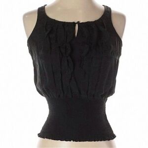 WHBM 100% Silk Body Leopard Ruffle Tank Smocked Waist XXS Black Chic Top